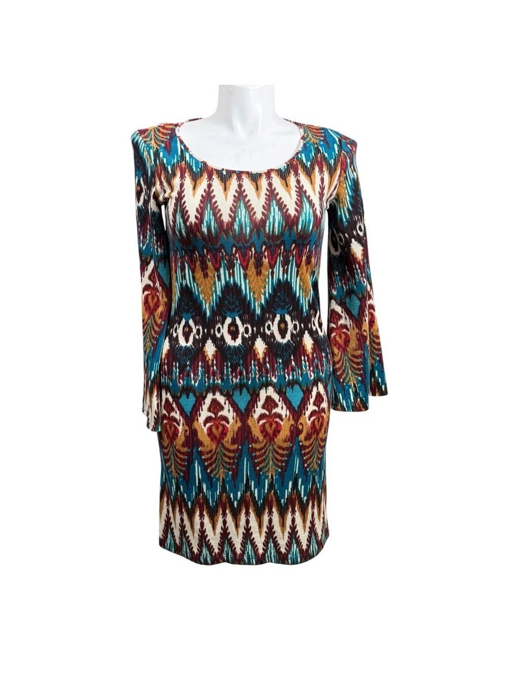Wrangler Long Sleeve Dress M Teal Brown Ikat Print